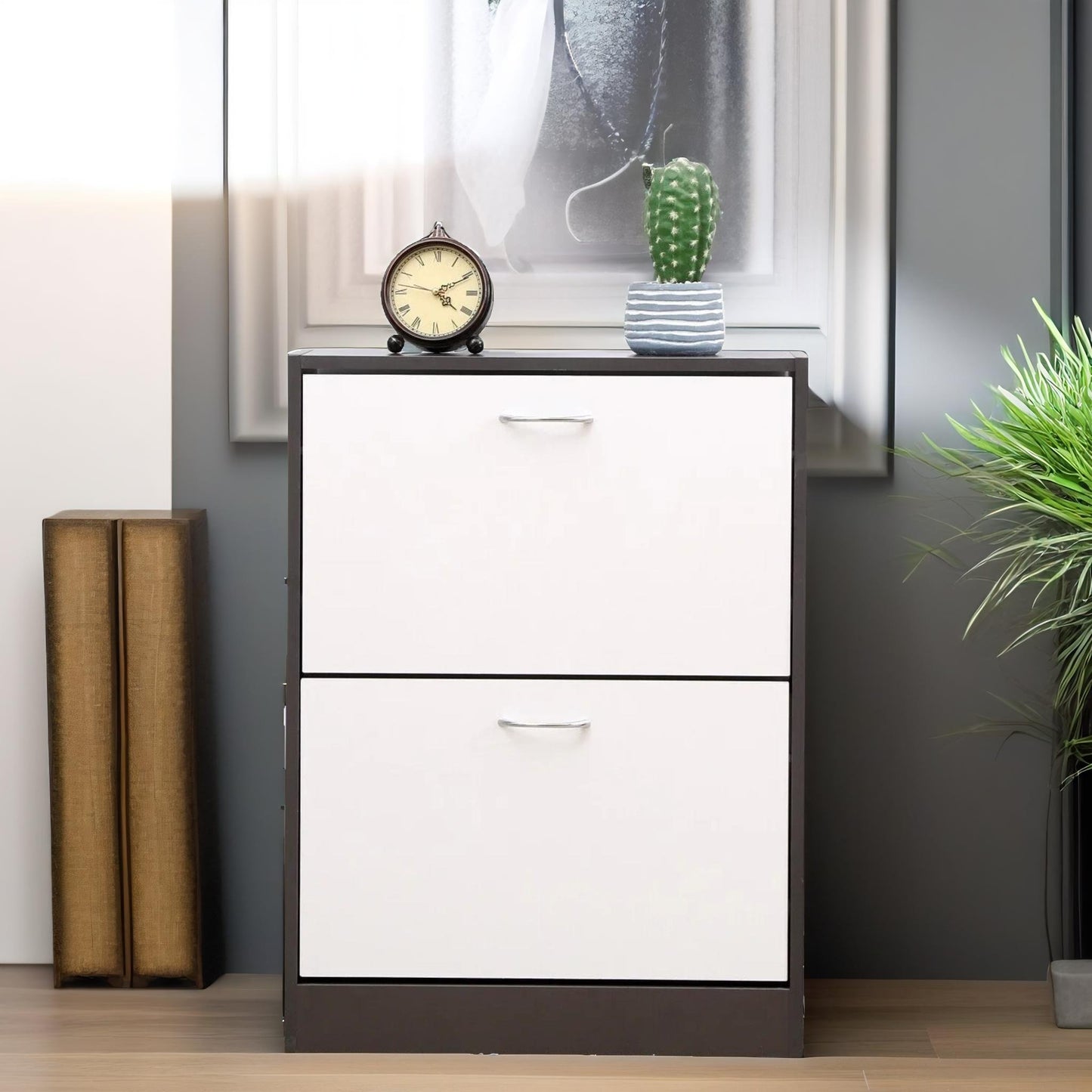 2 drawer shoe storage cabinet white grey