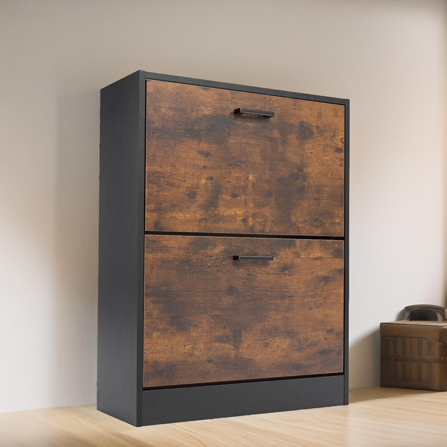 2 drawer shoe storage cabinet rustic brown