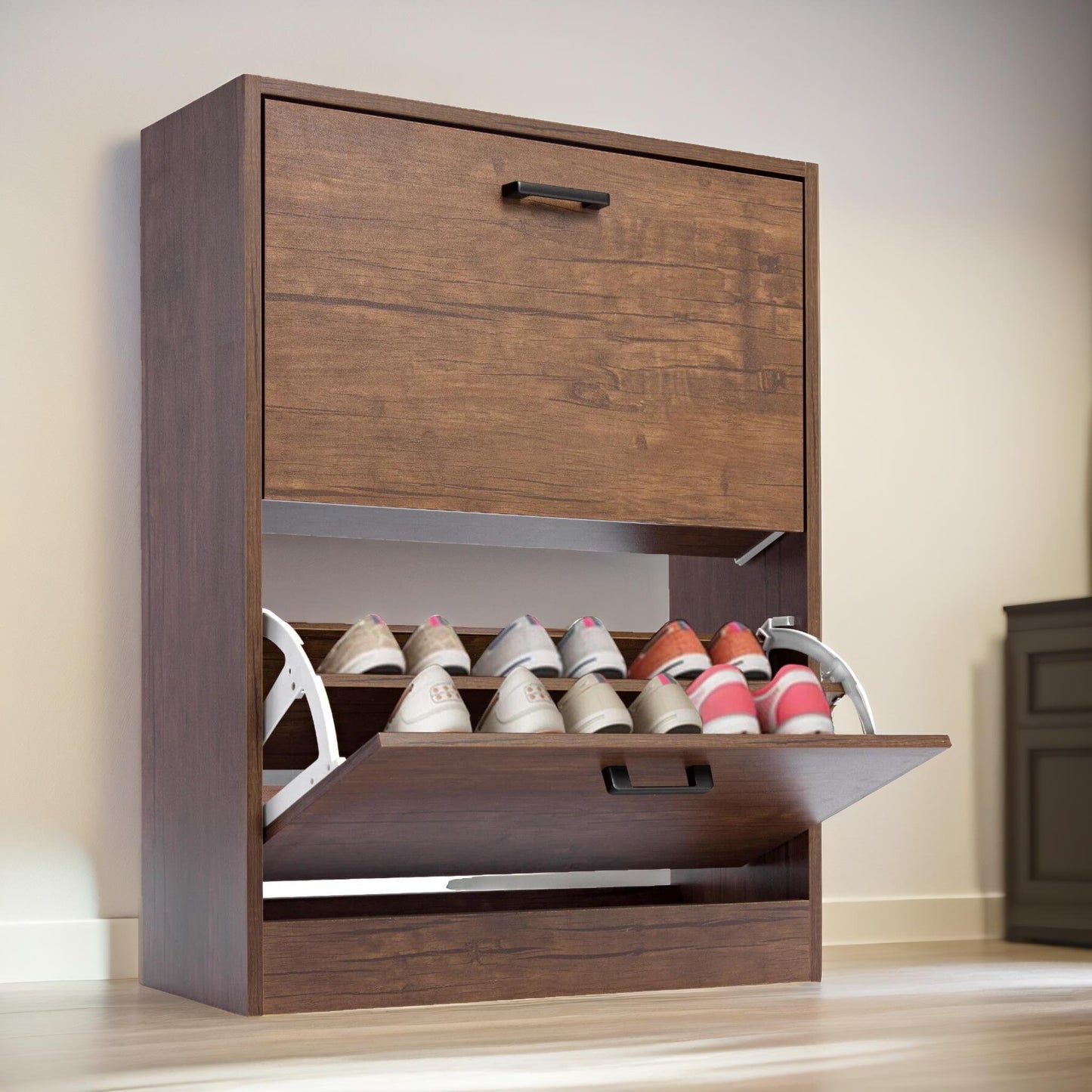 2 drawer shoe storage cabinet walnut