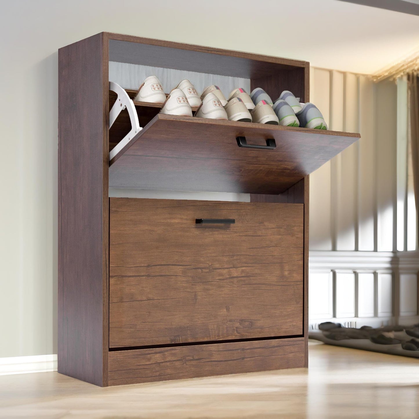 2 drawer shoe storage cabinet walnut