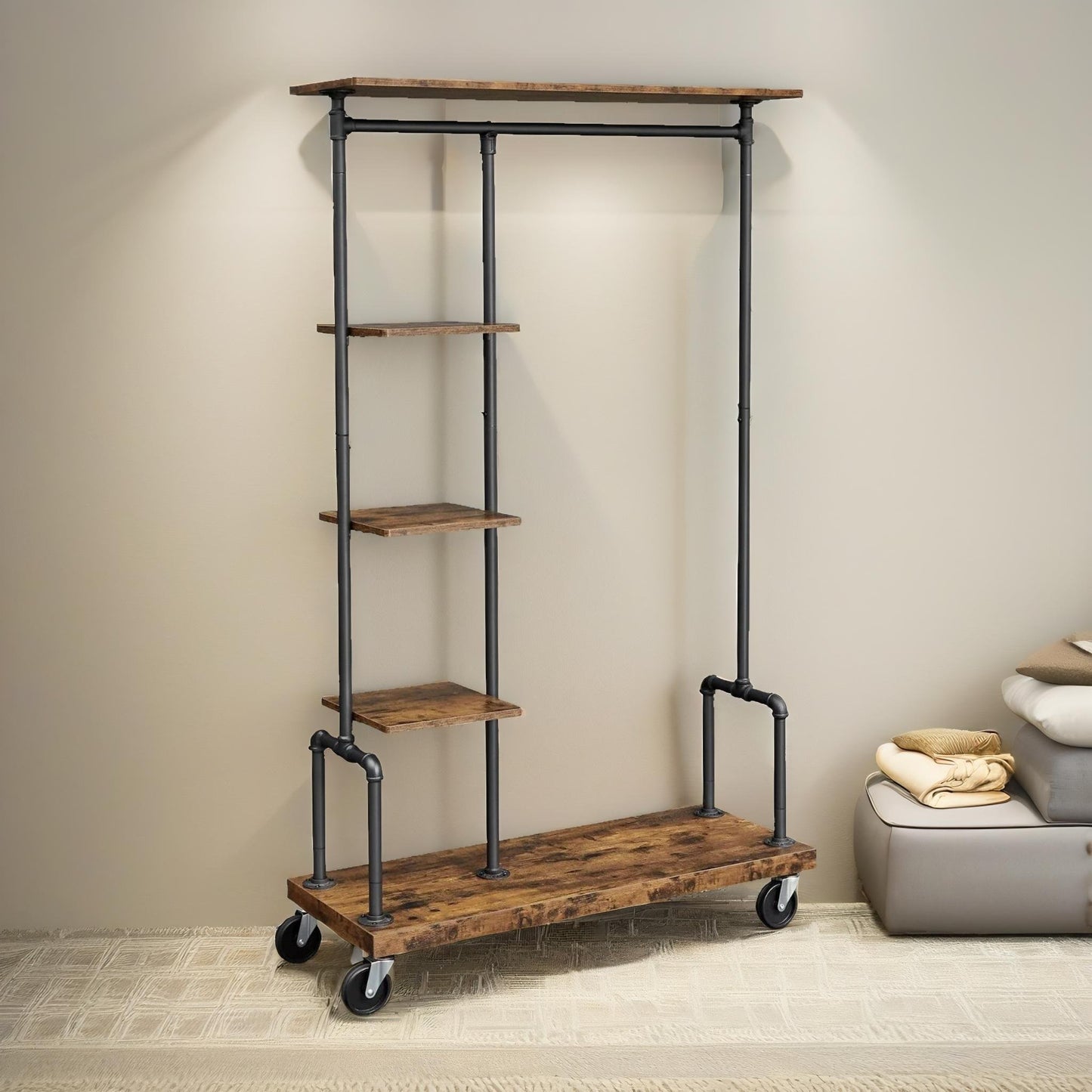 industrial open wardrobe on wheels rustic brown