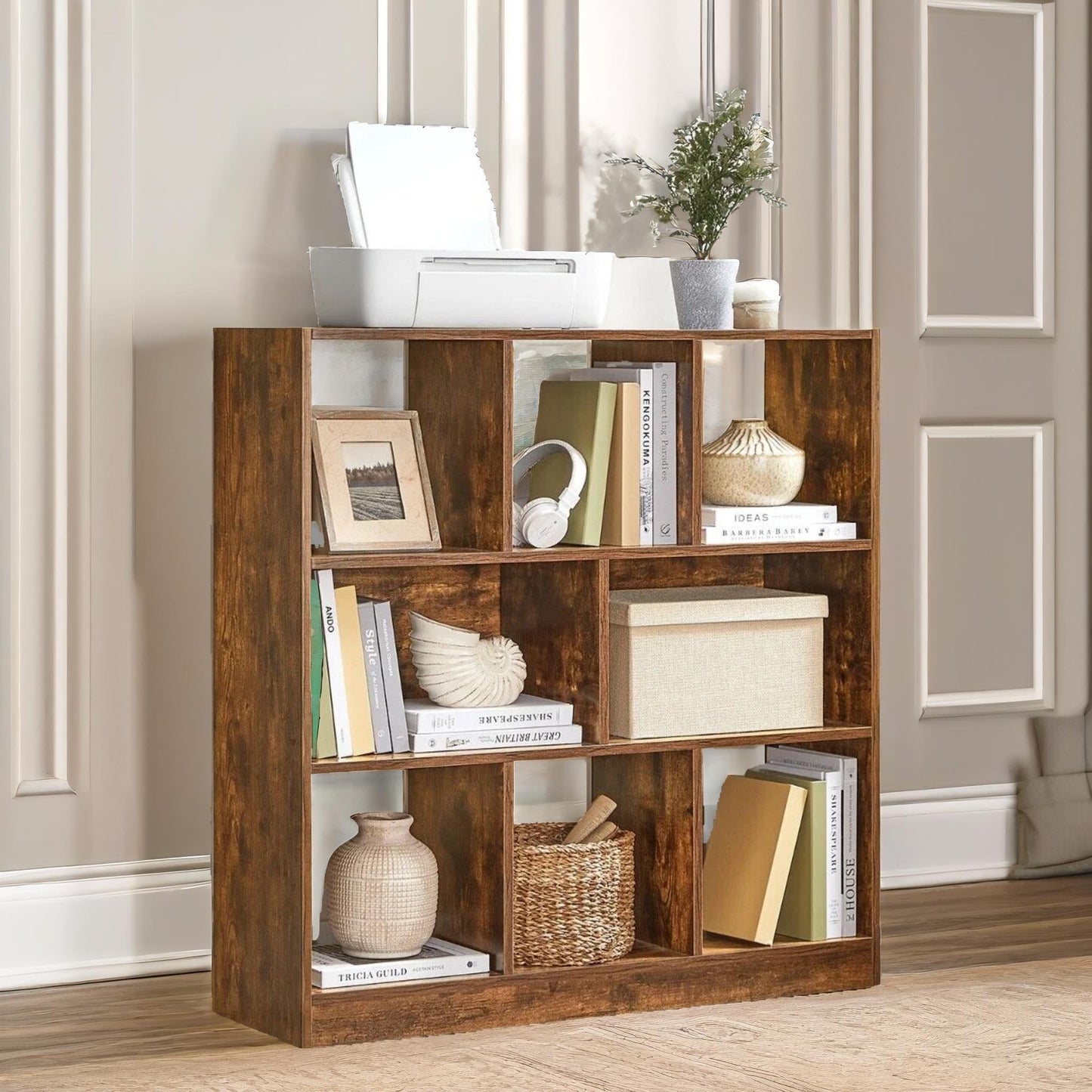 industrial 8 compartment book shelf rustic brown