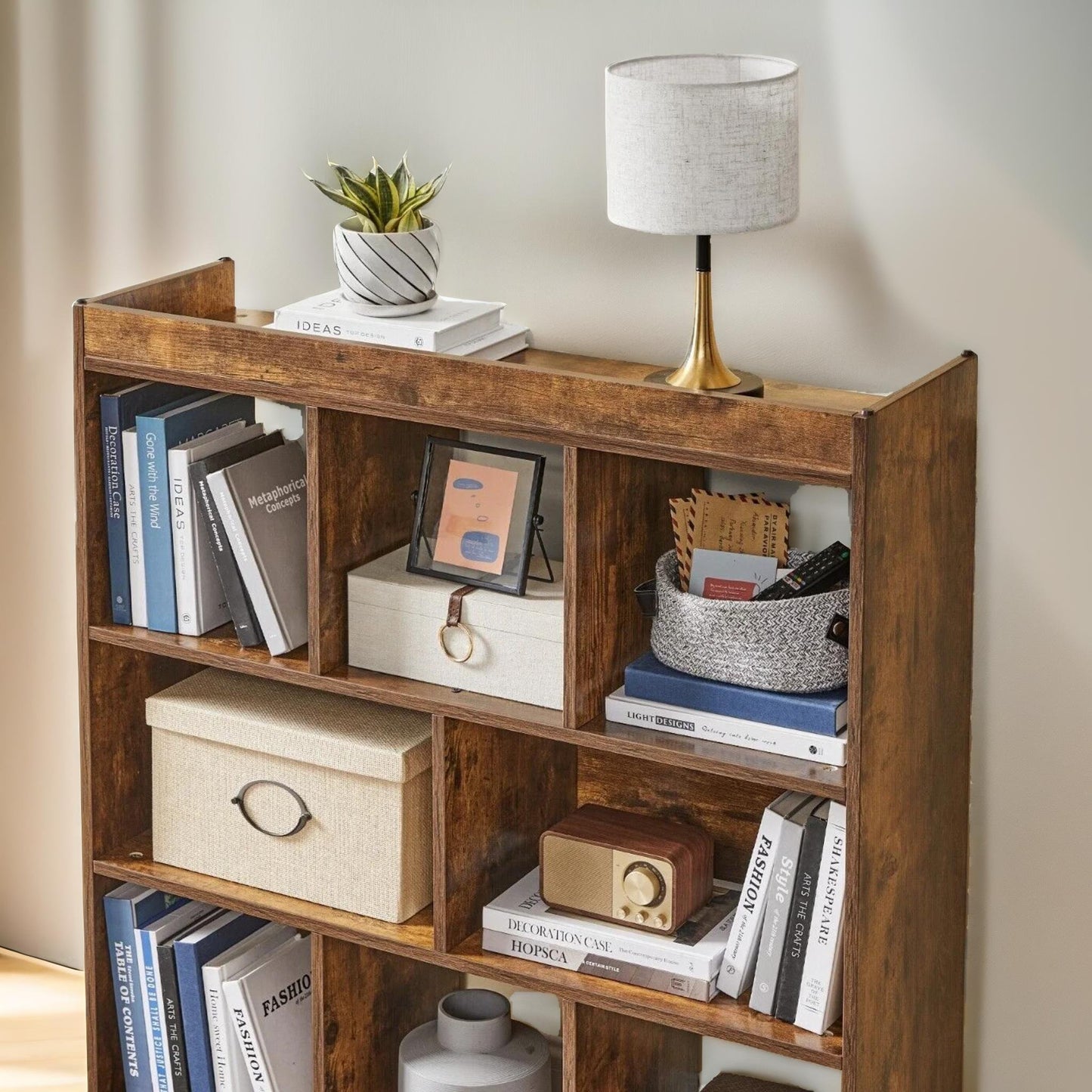 industrial 8 compartment book shelf rustic brown