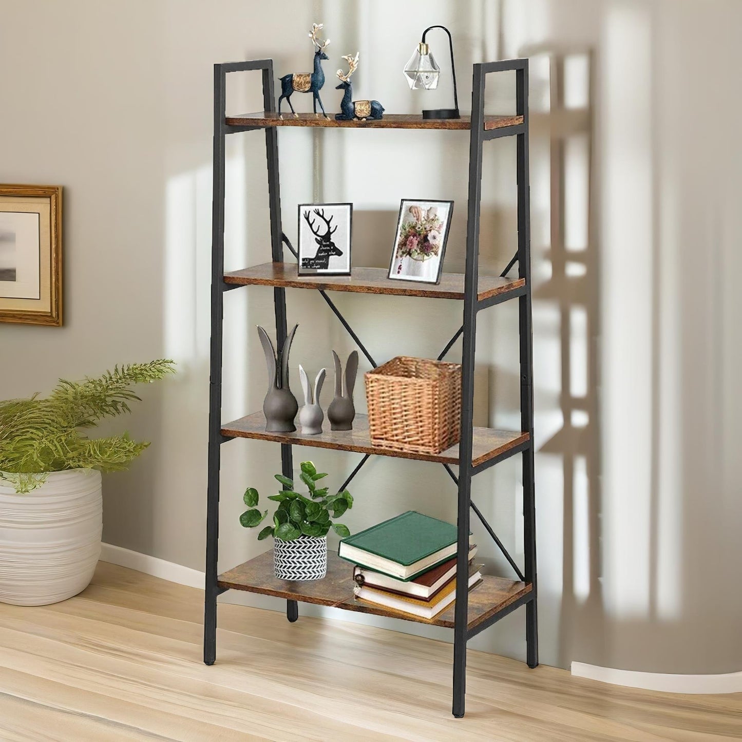 4 tier free standing ladder shelf for living room storage rustic brown