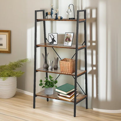 4 Tier Free Standing Ladder Shelf For Living Room Storage Rustic Brown