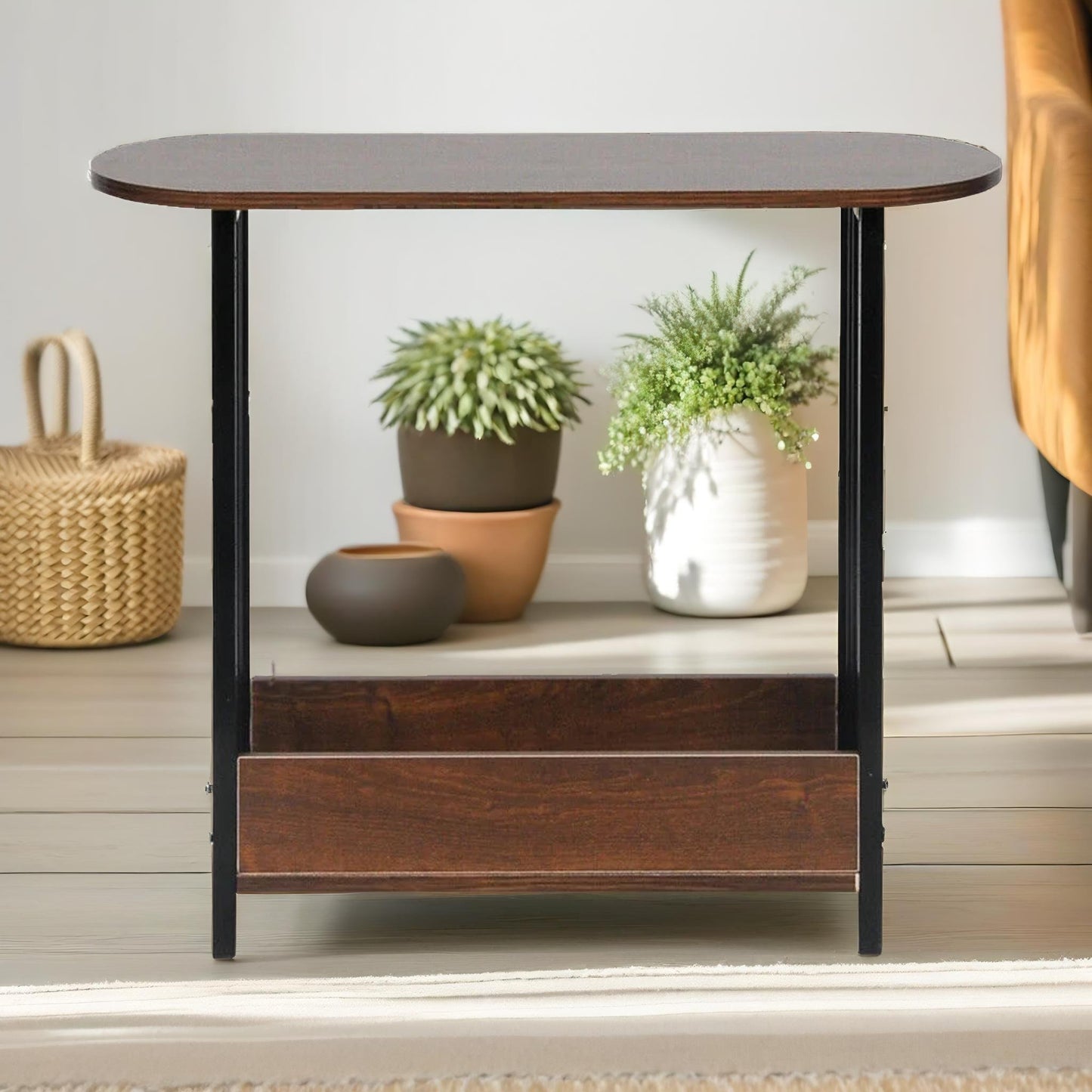 2 tier narrow side table brown