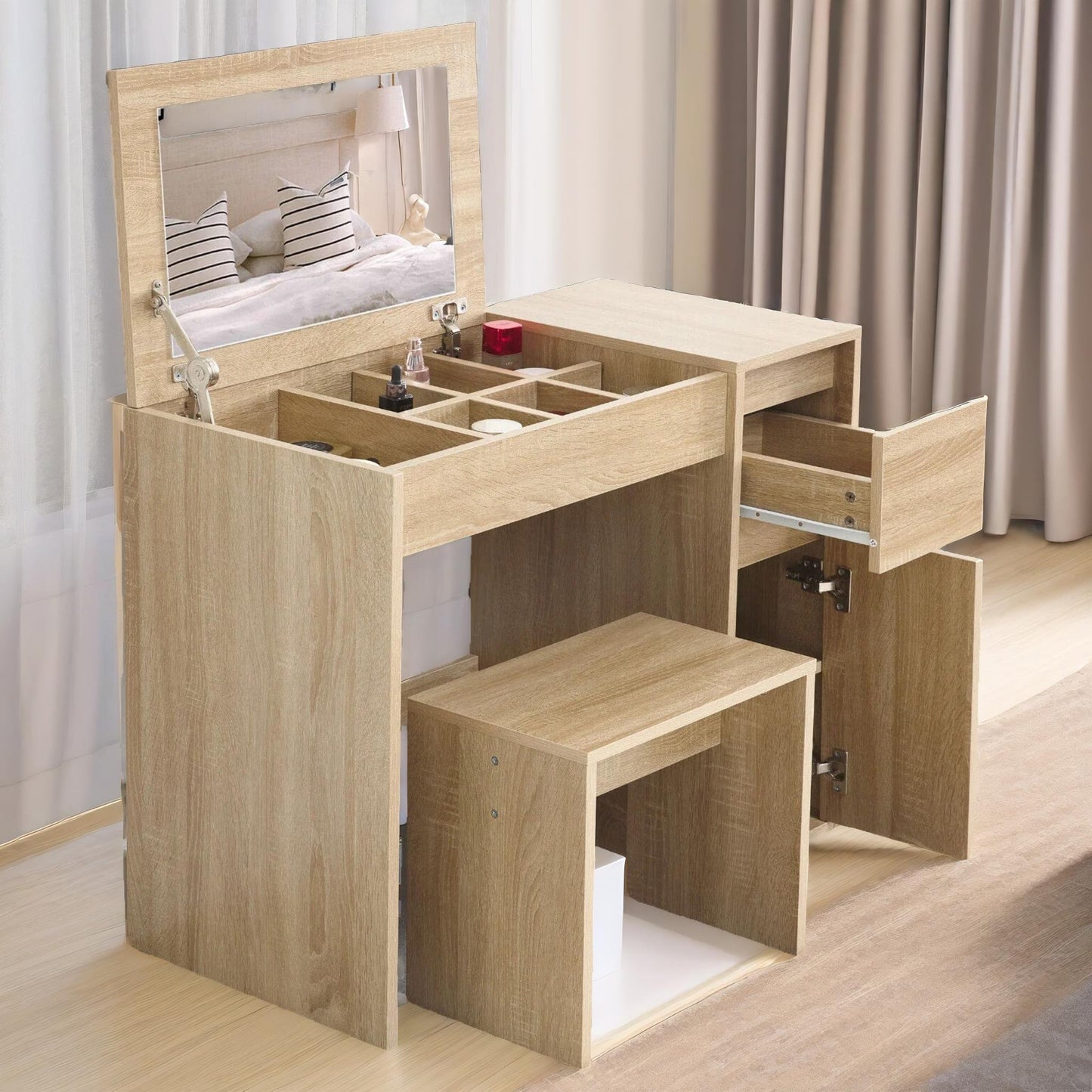 2-in-1 dressing table workstation with stool oak