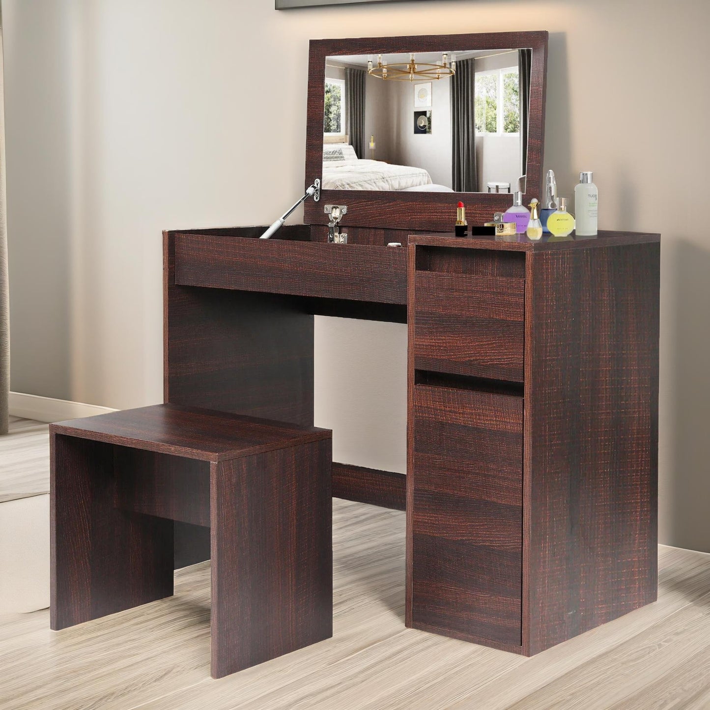 2-in-1 dressing table workstation with stool walnut