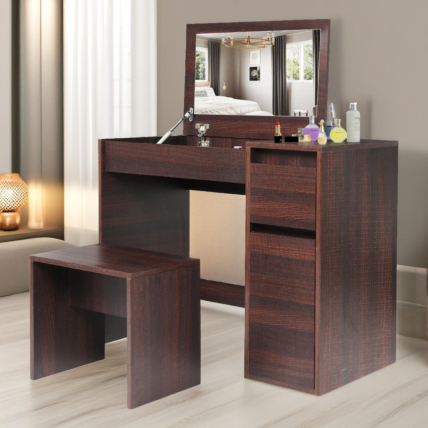 2-in-1 dressing table workstation with stool walnut