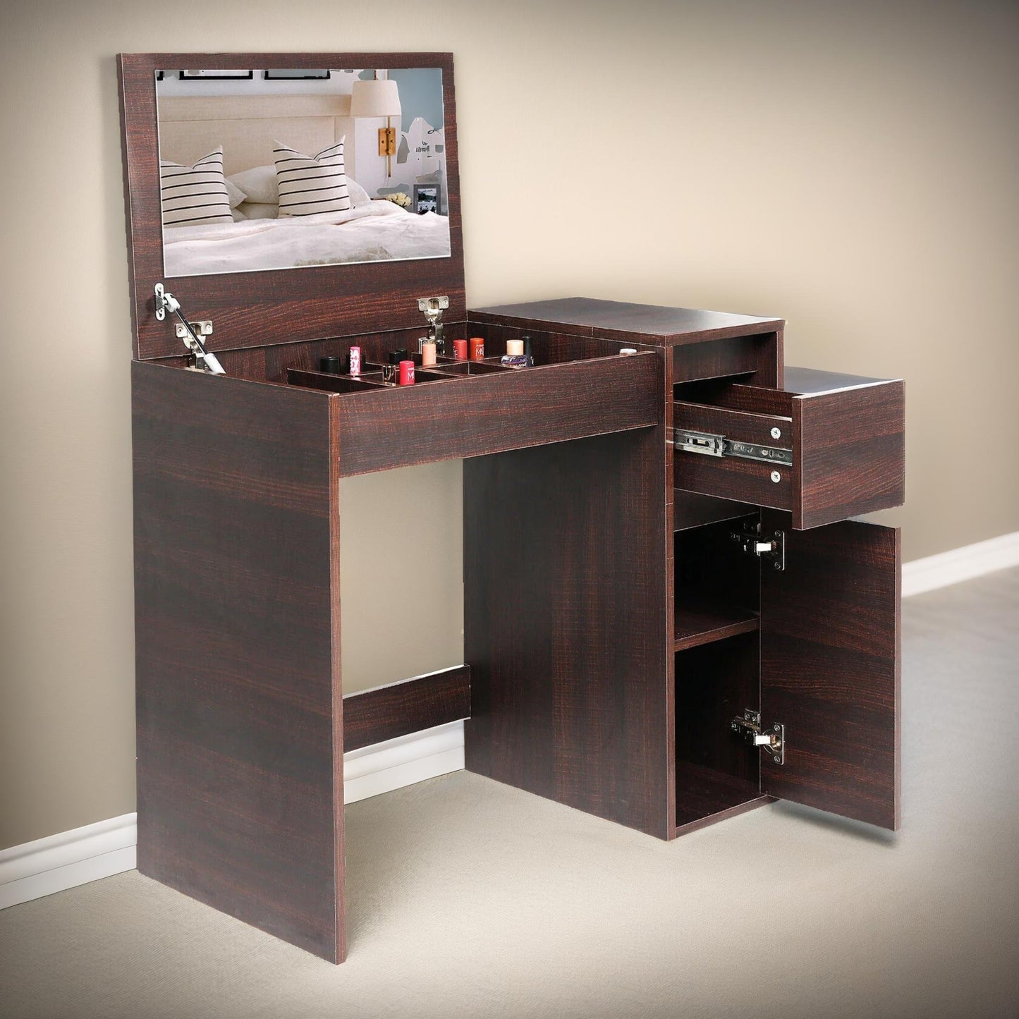 2-in-1 dressing table workstation with stool walnut