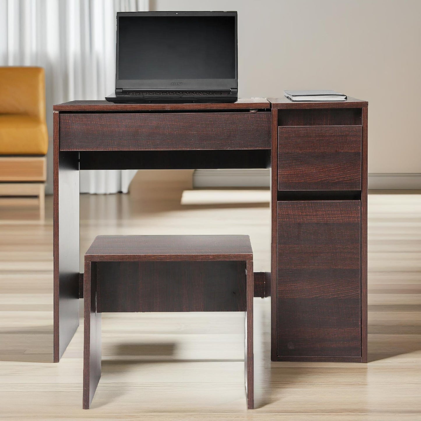 2-in-1 dressing table workstation with stool walnut