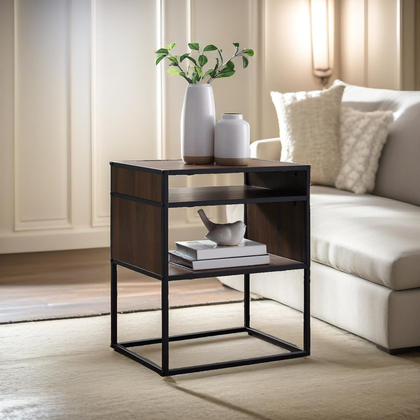 industrial square side table with open storage dark walnut