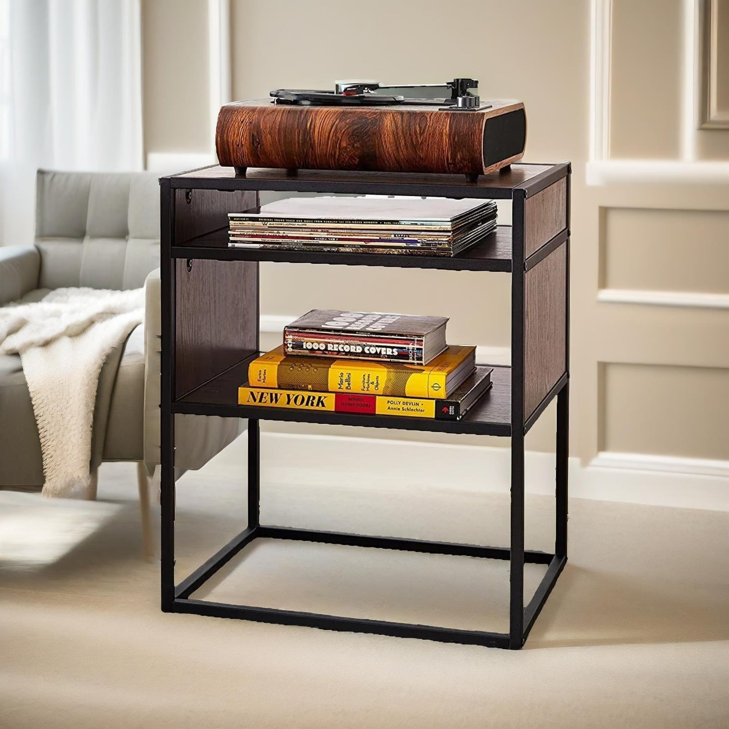 industrial square side table with open storage dark walnut