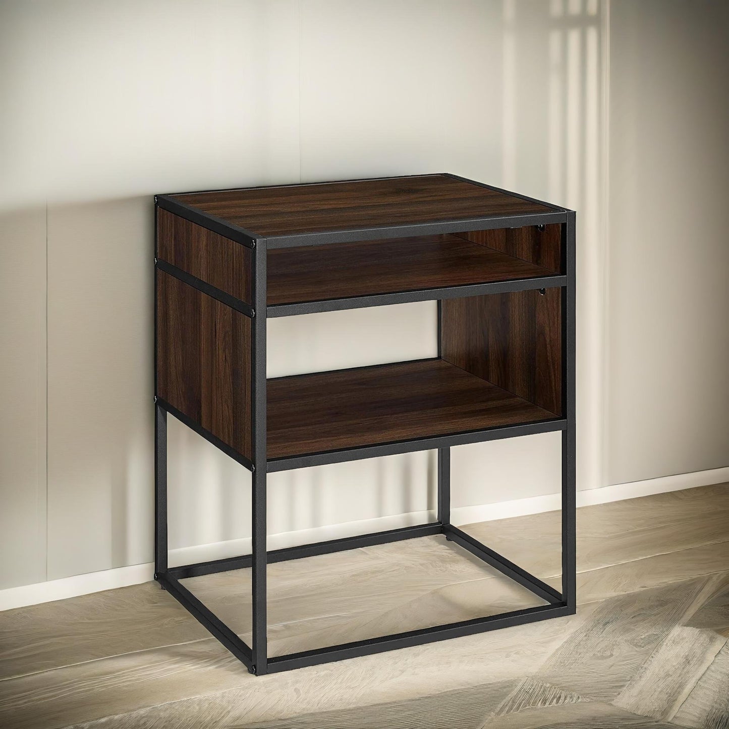 industrial square side table with open storage dark walnut