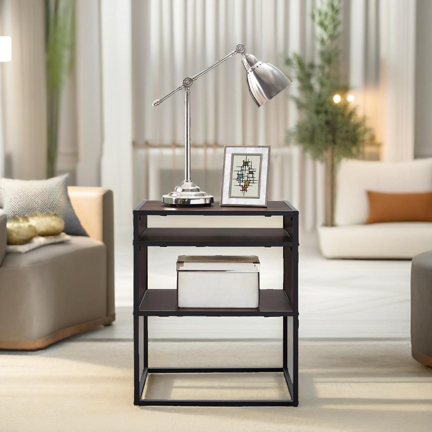 industrial square side table with open storage dark walnut