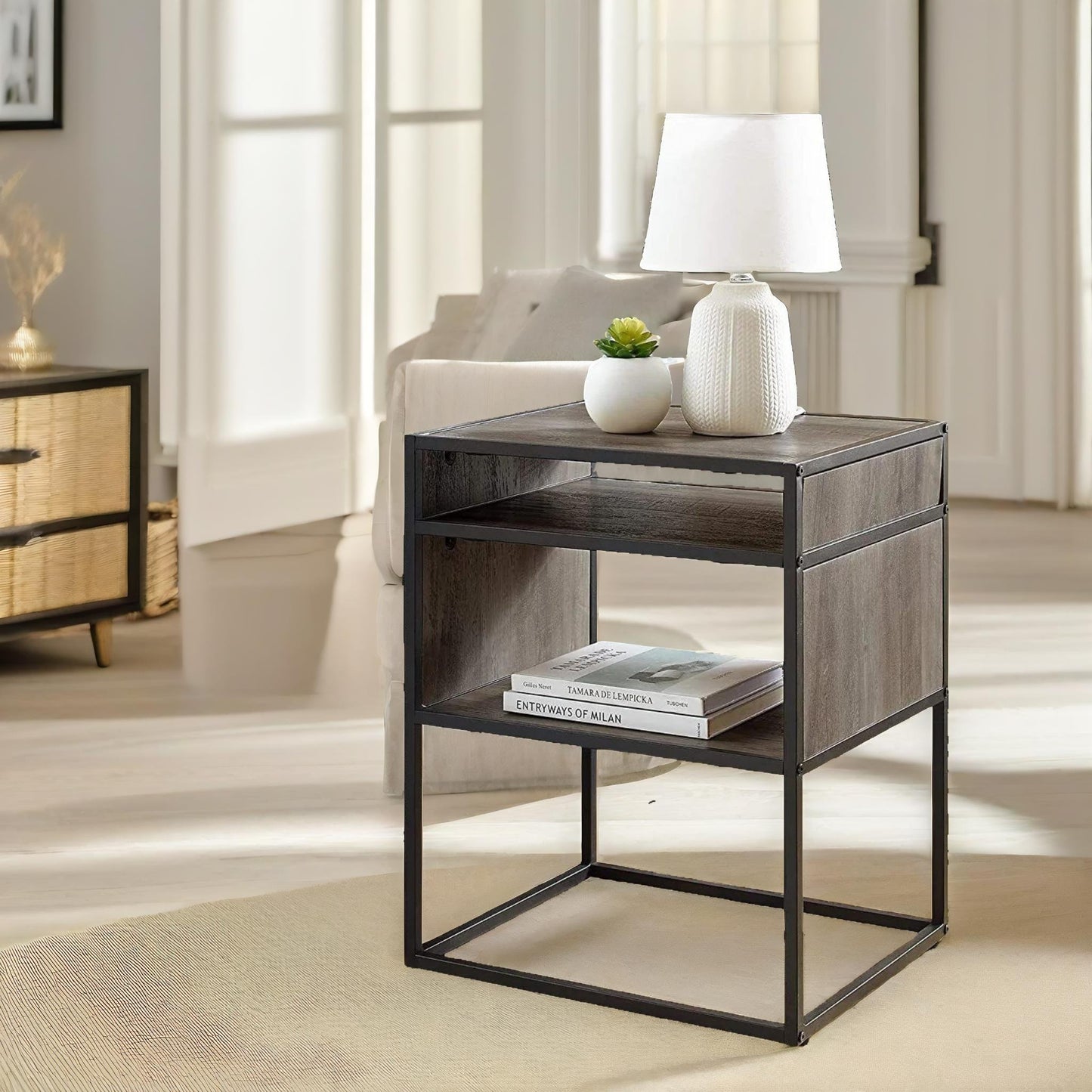 industrial square side table with open storage grey walnut