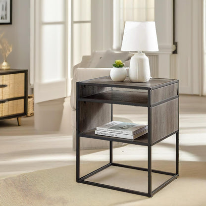 Industrial Square Side Table With Open Storage Grey Walnut