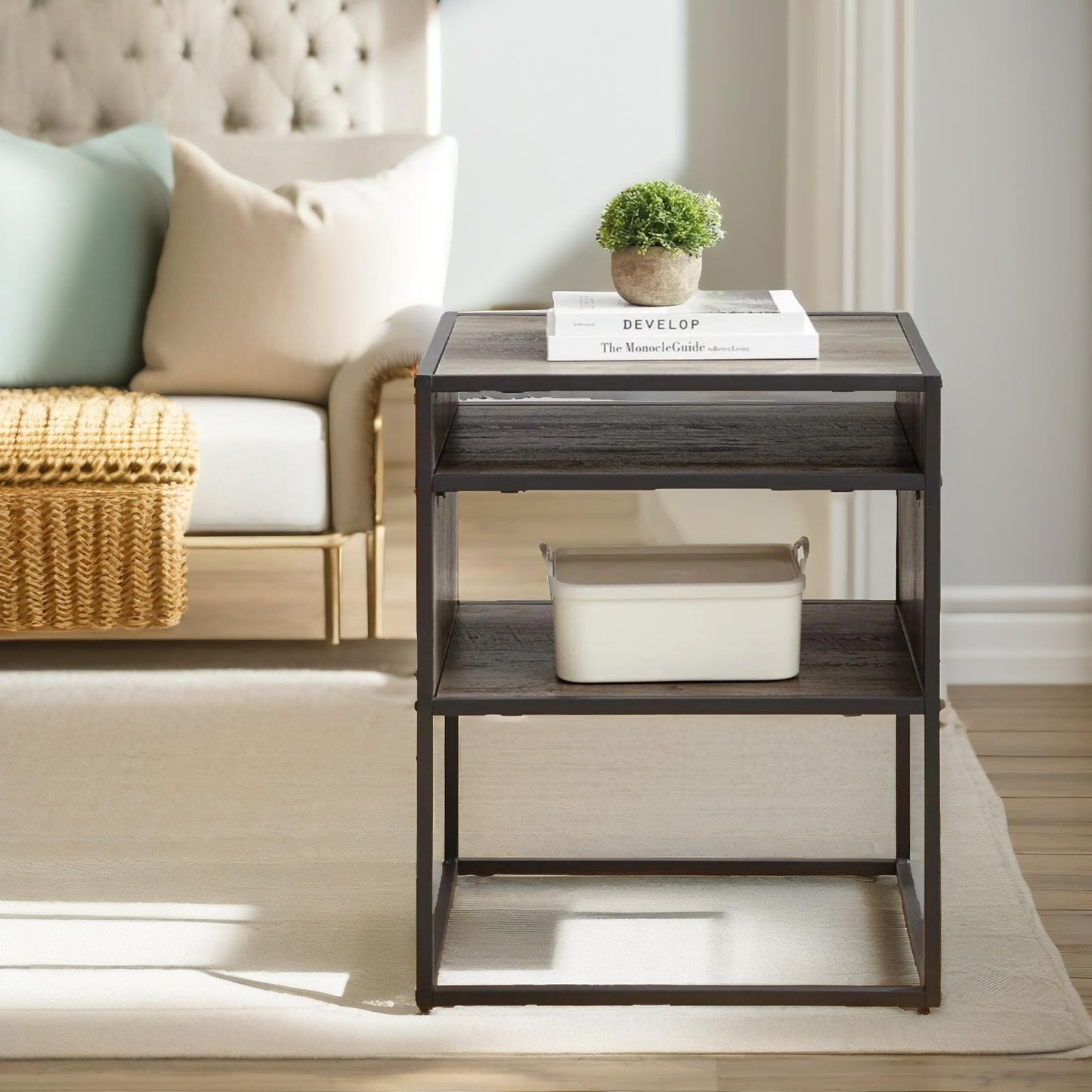 industrial square side table with open storage grey walnut