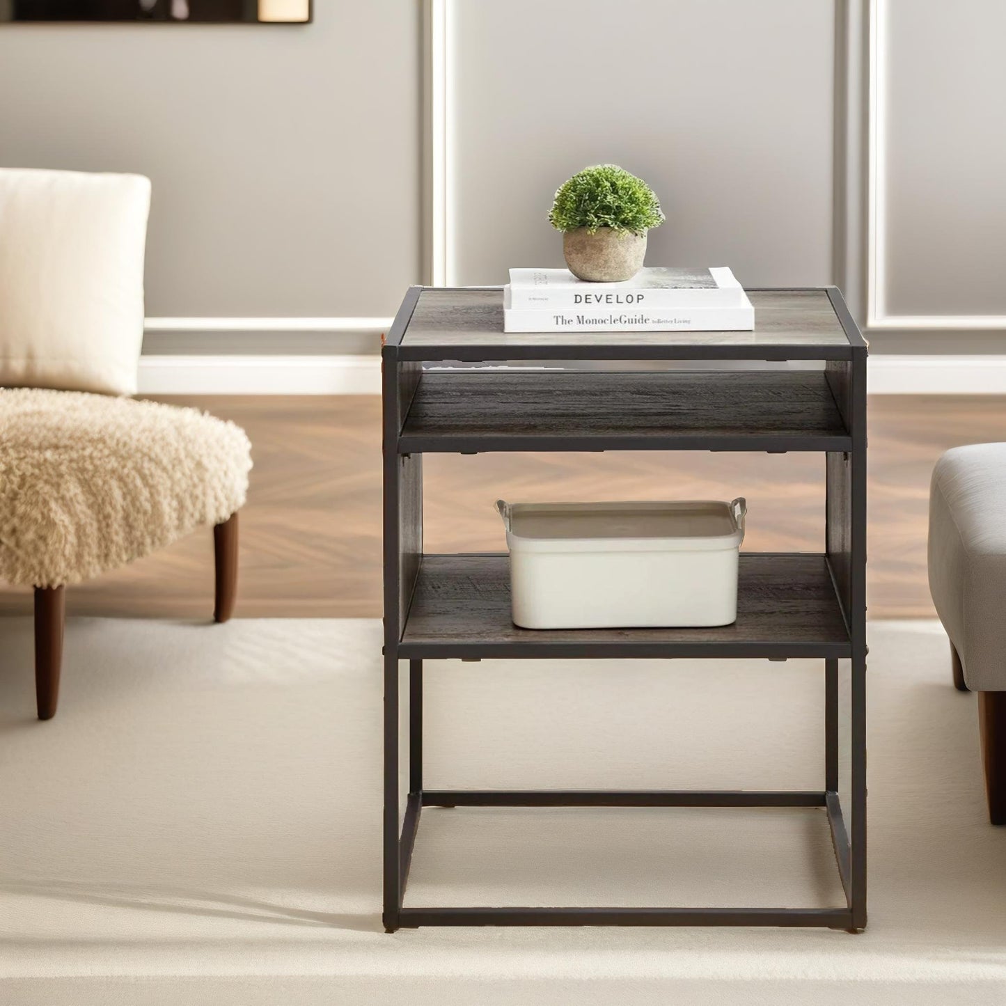 industrial square side table with open storage grey walnut