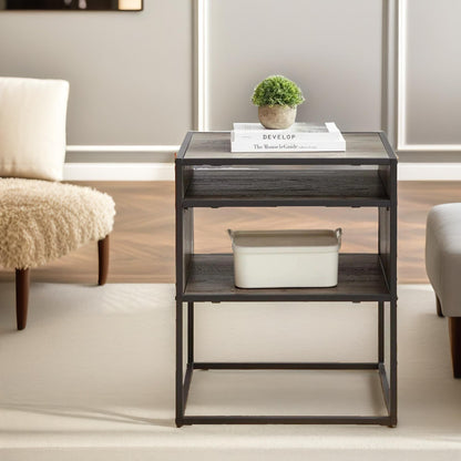 Industrial Square Side Table With Open Storage Grey Walnut