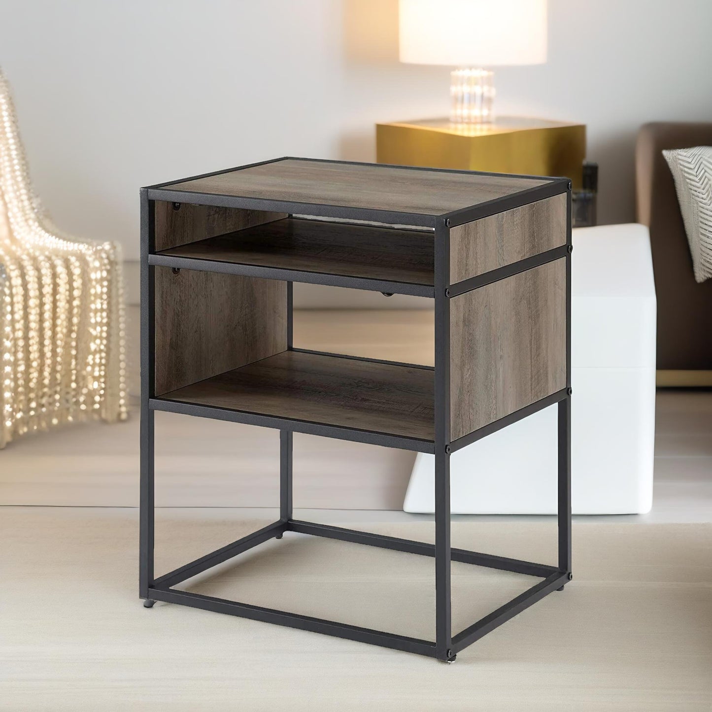 industrial square side table with open storage grey walnut