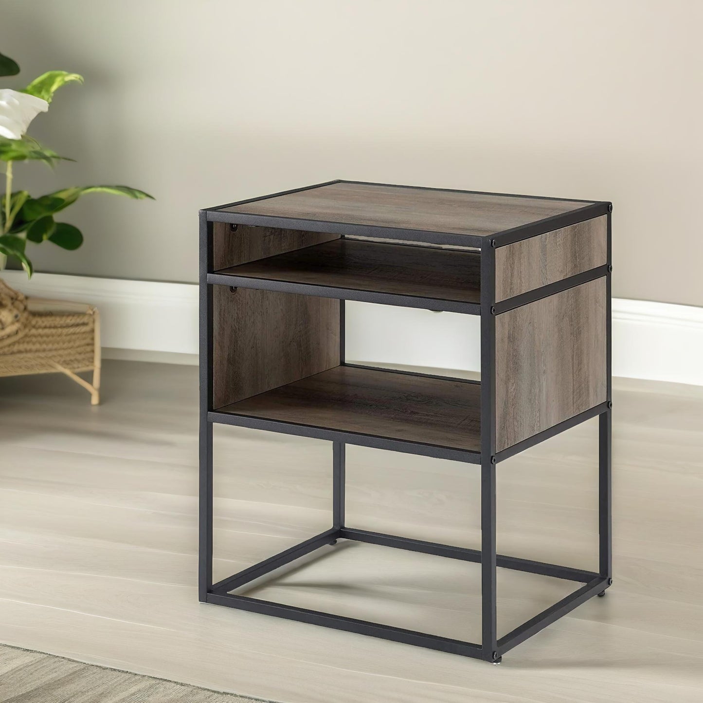 industrial square side table with open storage grey walnut