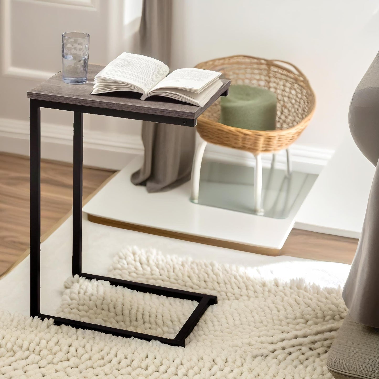 60cm tall industrial c-shaped sofa end table brown