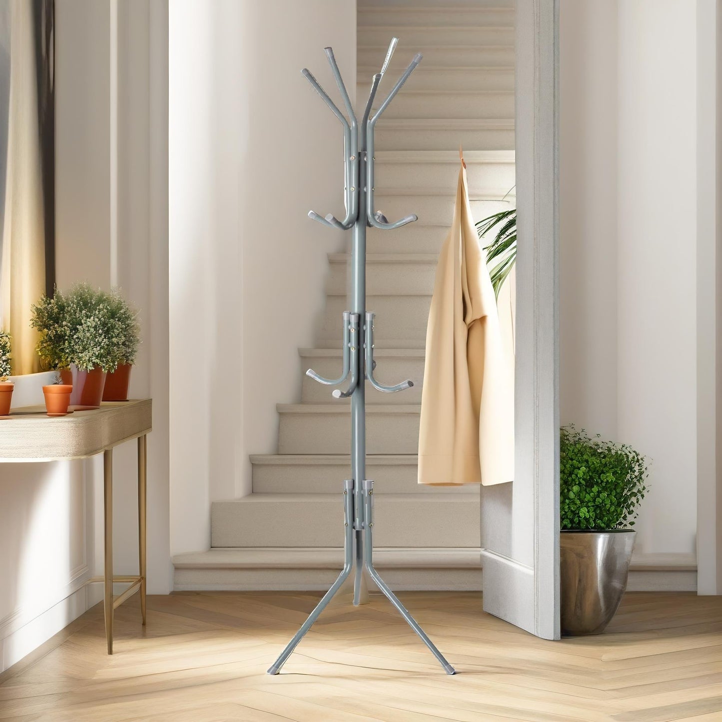 metal coat stand with 12 hooks grey