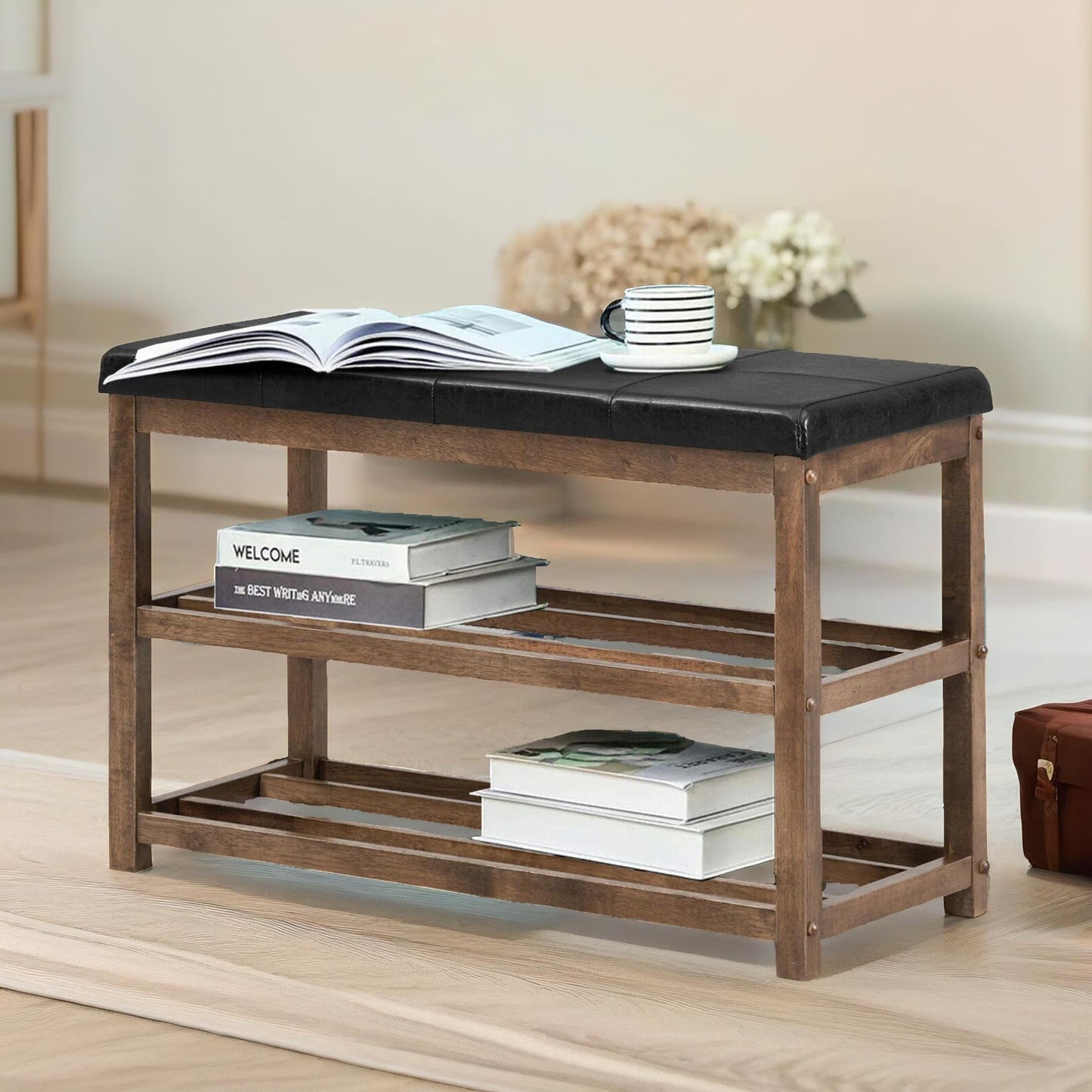 wooden 2 tier shoe rack bench brown