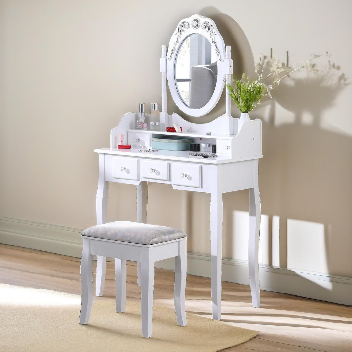 5 drawer white dressing table with round mirror and stool