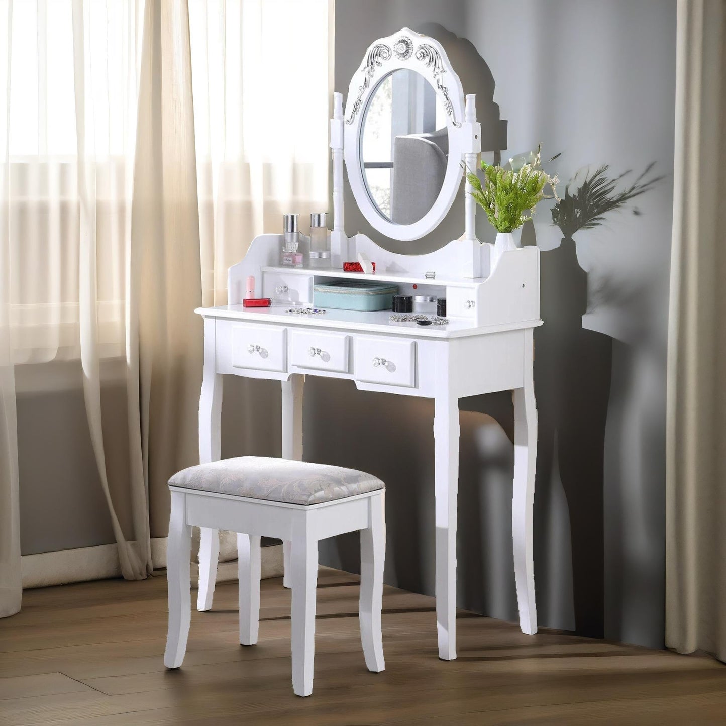 5 drawer white dressing table with round mirror and stool