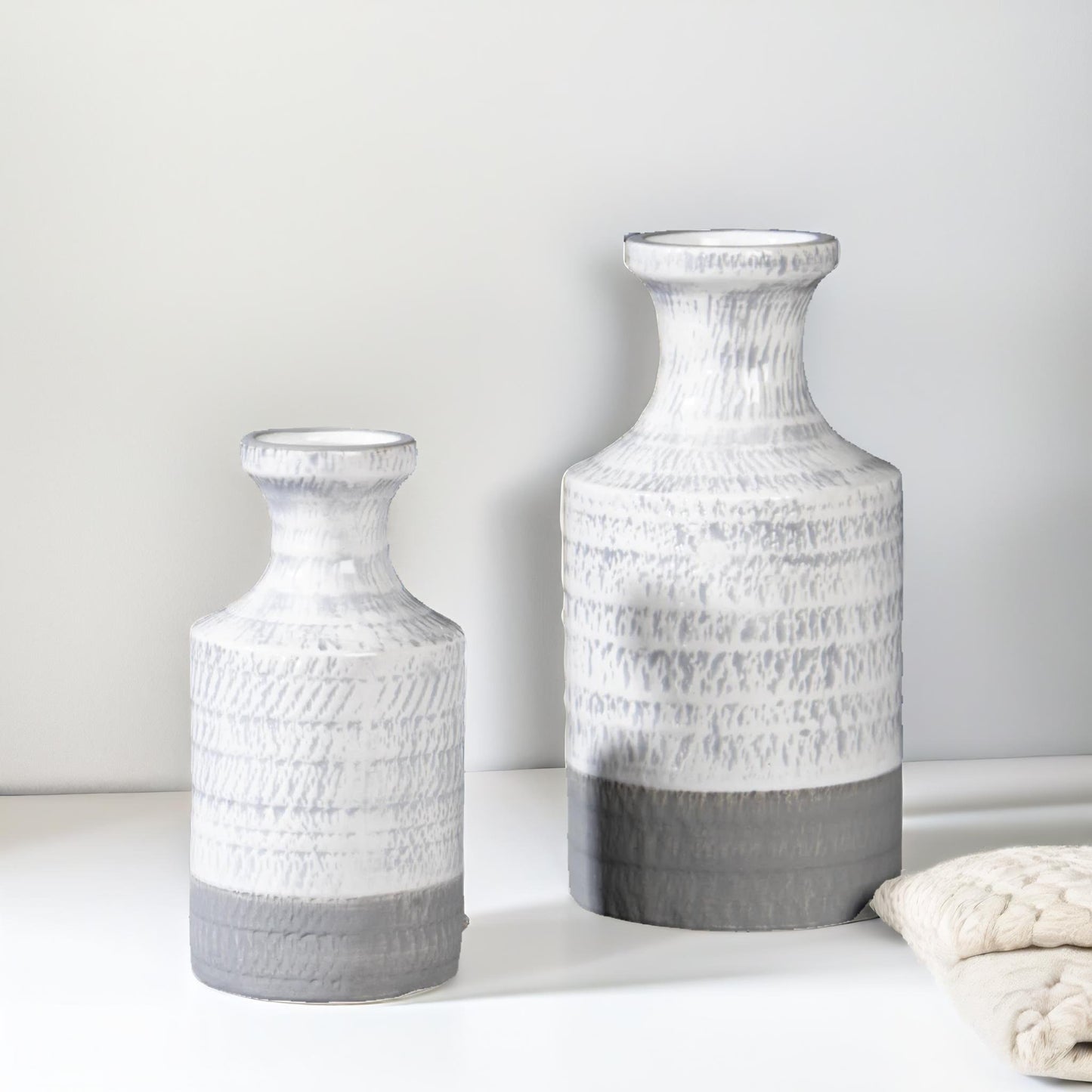 set of 2 grey & white ceramic vase