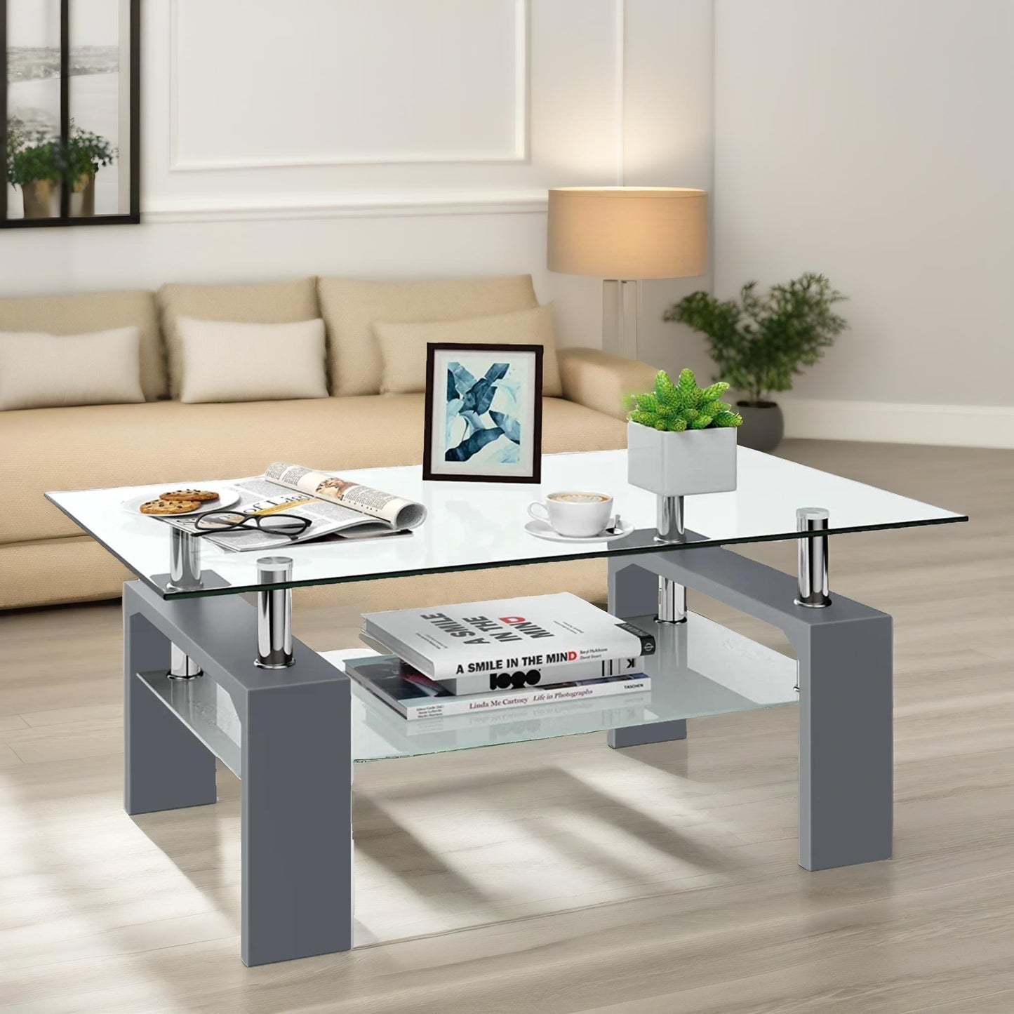 2 tier glass coffee table grey