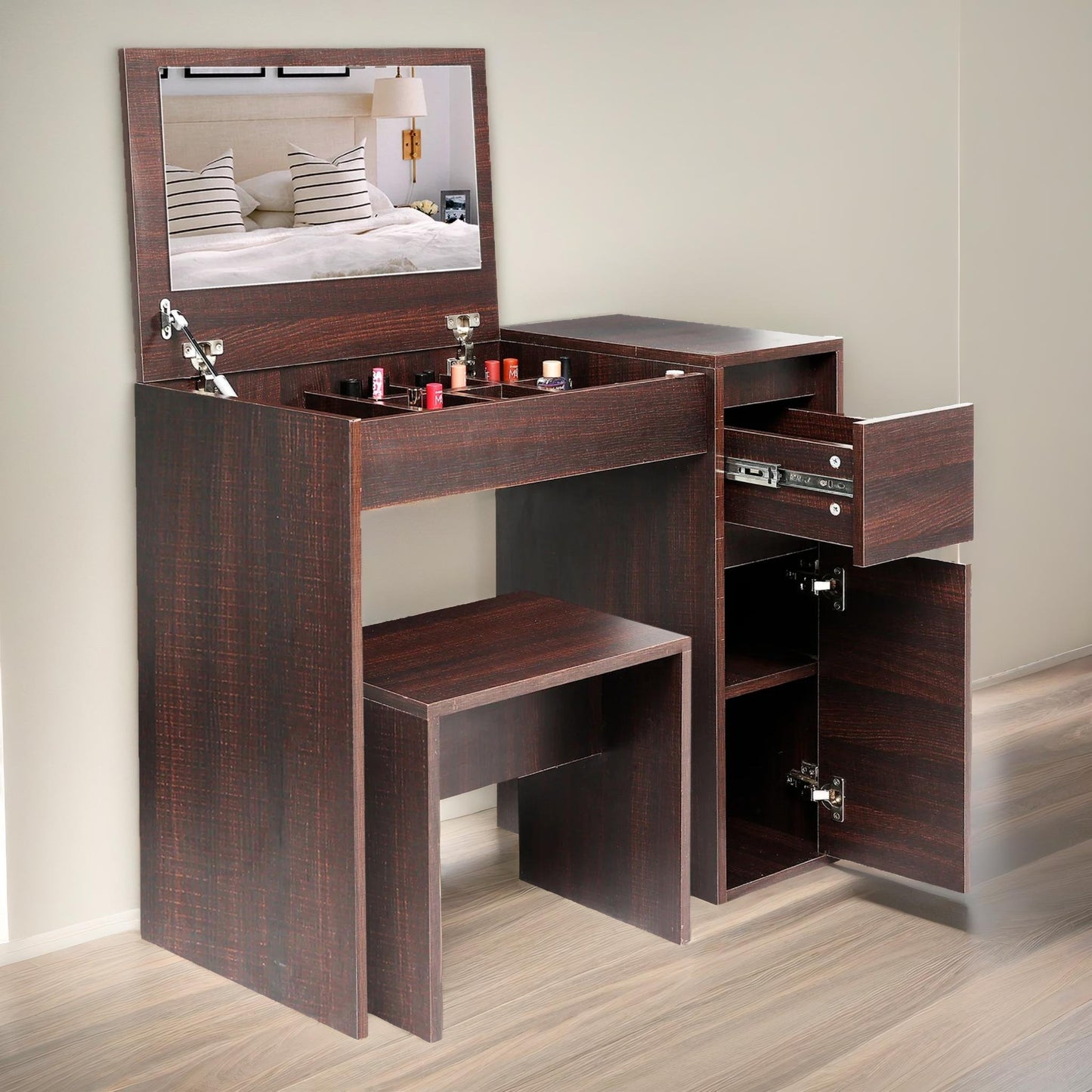 2-in-1 dressing table workstation with stool walnut