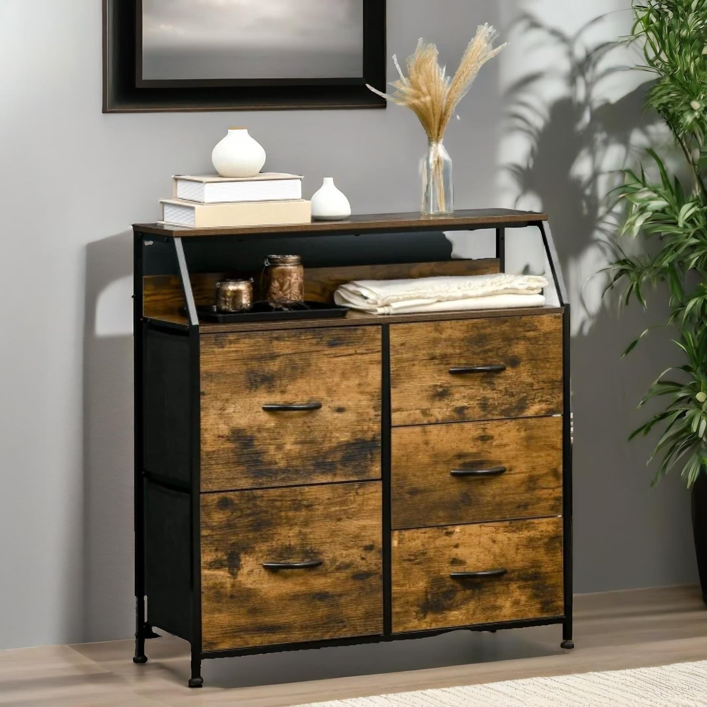 industrial rustic brown chest with 5 fabric drawers