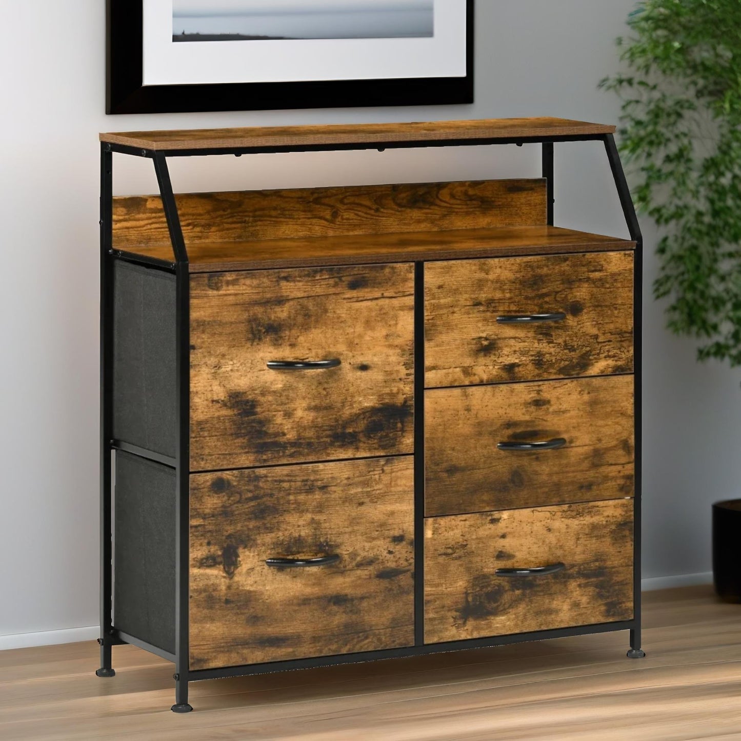 industrial rustic brown chest with 5 fabric drawers