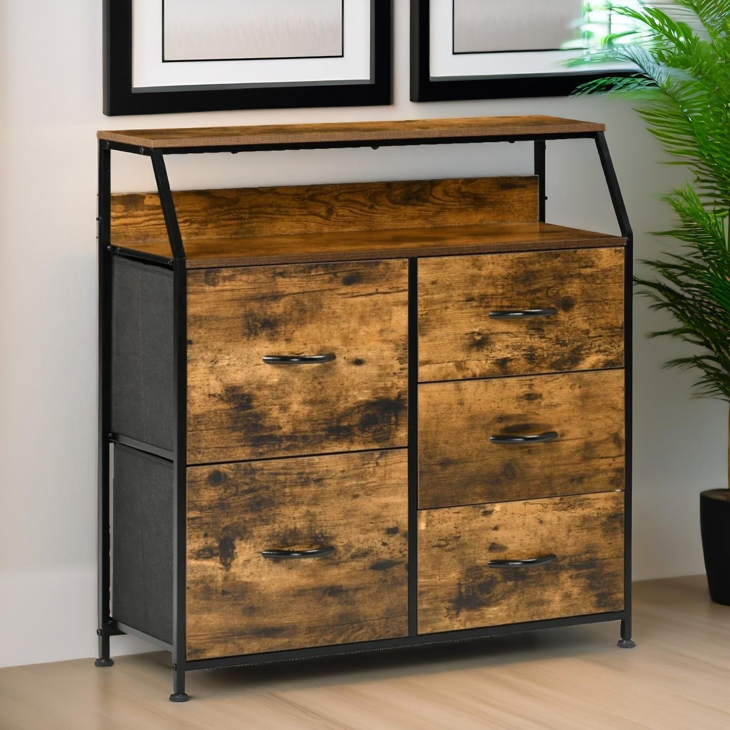 industrial rustic brown chest with 5 fabric drawers