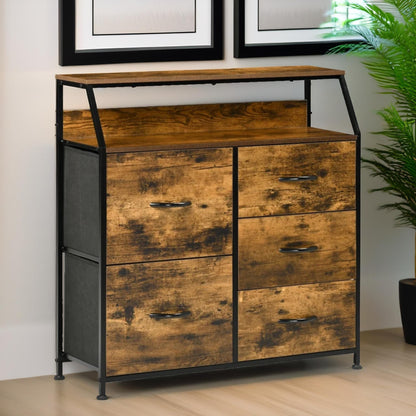 Industrial Rustic Brown Chest With 5 Fabric Drawers