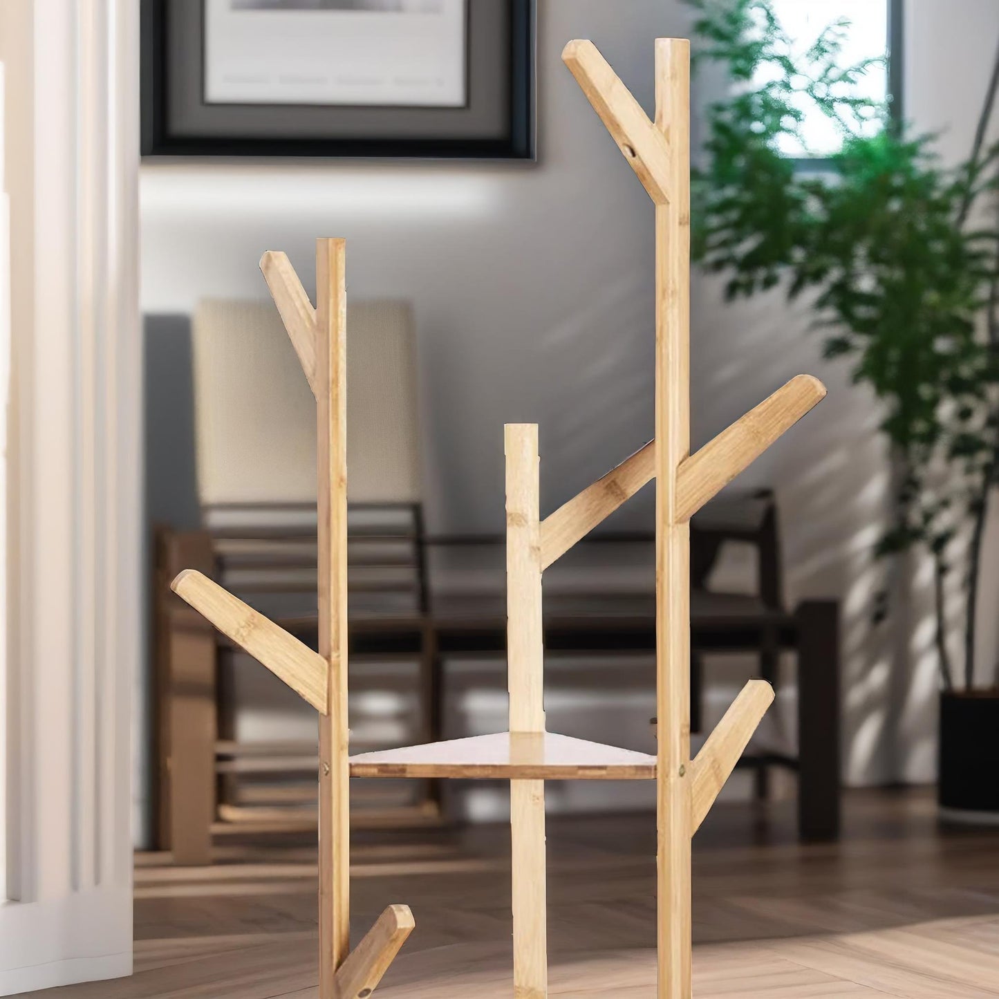 bamboo coat stand with 9 hooks & 2 shelves