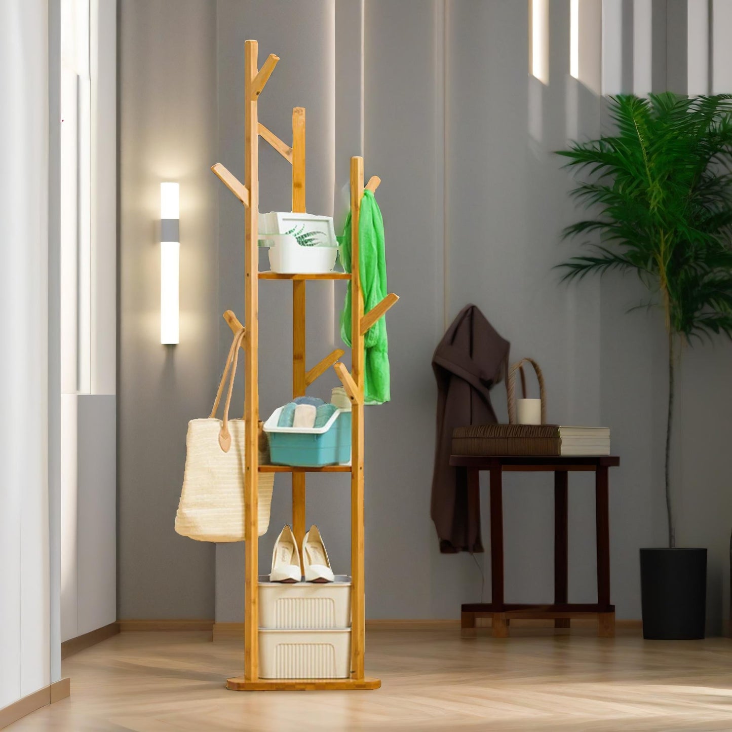 bamboo coat stand with 9 hooks & 2 shelves