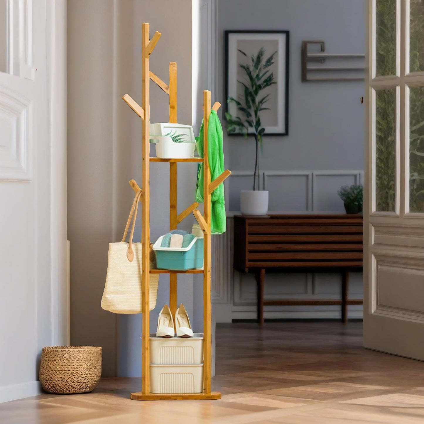 bamboo coat stand with 9 hooks & 2 shelves