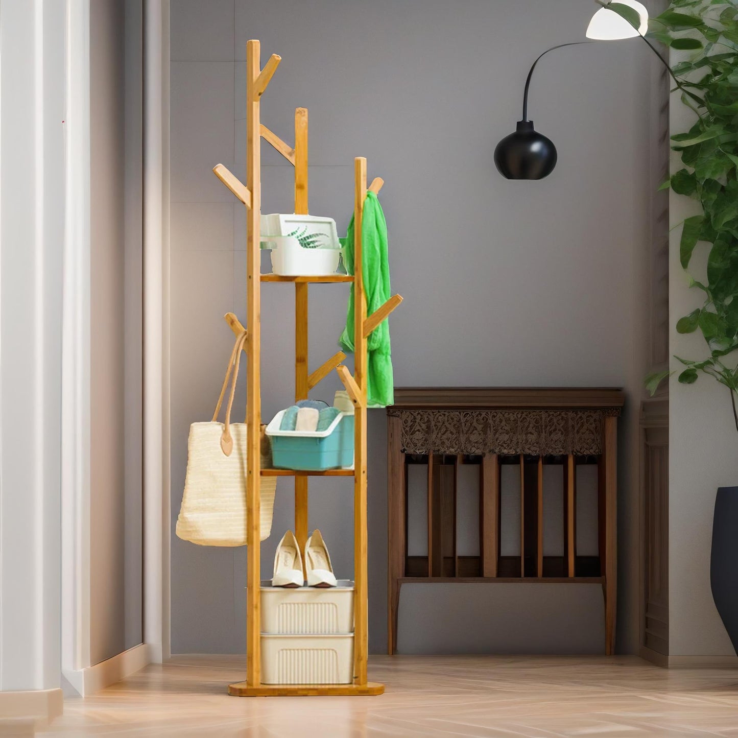 bamboo coat stand with 9 hooks & 2 shelves